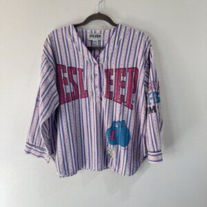 Vintage 90s Esleep Shirt L Boxing Baseball Sleep Pajamas Striped Purple Pink